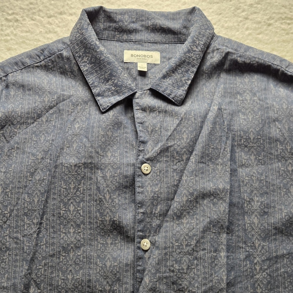 Bonobos Shirt Mens Large Blue Geometric Short Sleeve Linen Button-Up Casual